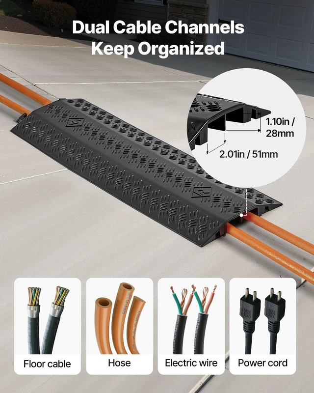 Alt view image 4 of 7 - Drop Over Cable Cover, 17,500 lbs/Axle Load Capacity, 2 Channel Heavy Duty Floor Cord Cover, Cable Hose Protector Ramp, for Indoor, High Walking Traffic Areas, Home, Office, Warehouse, 2 Pack