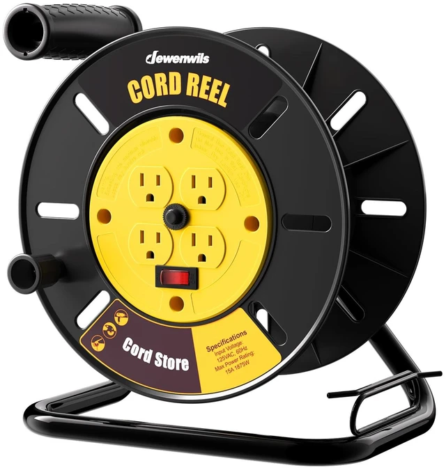Main image of Extension Cord Storage Reel, Hand Wind Retractable Open Cord Reel 4-Grounded Outlets, Heavy Duty for 12/3, 14/3, 16/3 Gauge Power Cord, 15A Circuit Breaker, Rocker Power Switch, Yellow