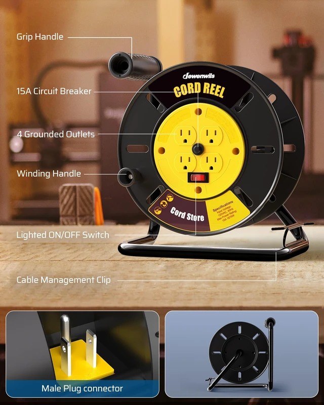 Alt view image 2 of 7 - Extension Cord Storage Reel, Hand Wind Retractable Open Cord Reel 4-Grounded Outlets, Heavy Duty for 12/3, 14/3, 16/3 Gauge Power Cord, 15A Circuit Breaker, Rocker Power Switch, Yellow
