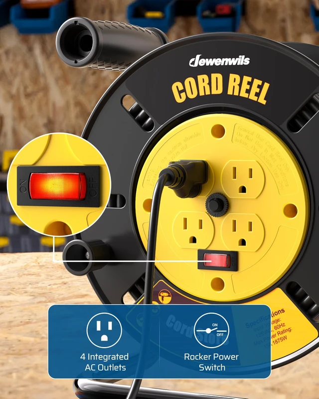 Alt view image 3 of 7 - Extension Cord Storage Reel, Hand Wind Retractable Open Cord Reel 4-Grounded Outlets, Heavy Duty for 12/3, 14/3, 16/3 Gauge Power Cord, 15A Circuit Breaker, Rocker Power Switch, Yellow