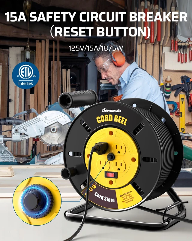 Alt view image 4 of 7 - Extension Cord Storage Reel, Hand Wind Retractable Open Cord Reel 4-Grounded Outlets, Heavy Duty for 12/3, 14/3, 16/3 Gauge Power Cord, 15A Circuit Breaker, Rocker Power Switch, Yellow