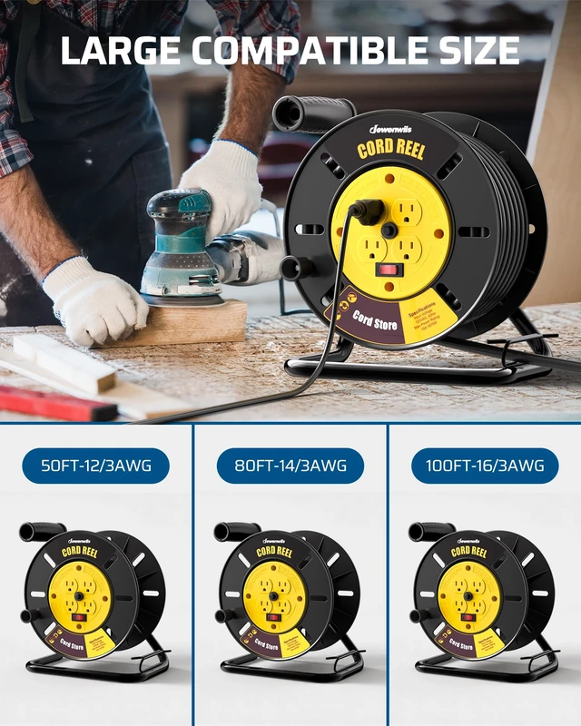Alt view image 5 of 7 - Extension Cord Storage Reel, Hand Wind Retractable Open Cord Reel 4-Grounded Outlets, Heavy Duty for 12/3, 14/3, 16/3 Gauge Power Cord, 15A Circuit Breaker, Rocker Power Switch, Yellow