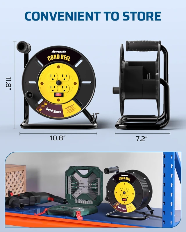 Alt view image 6 of 7 - Extension Cord Storage Reel, Hand Wind Retractable Open Cord Reel 4-Grounded Outlets, Heavy Duty for 12/3, 14/3, 16/3 Gauge Power Cord, 15A Circuit Breaker, Rocker Power Switch, Yellow