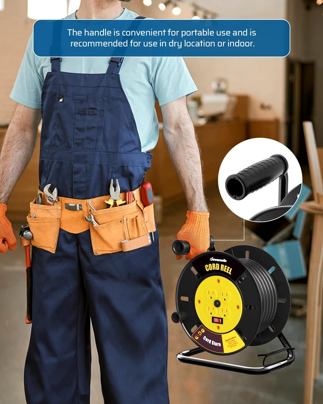 Alt view image 7 of 7 - Extension Cord Storage Reel, Hand Wind Retractable Open Cord Reel 4-Grounded Outlets, Heavy Duty for 12/3, 14/3, 16/3 Gauge Power Cord, 15A Circuit Breaker, Rocker Power Switch, Yellow