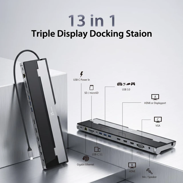 Alt view image 2 of 7 - USB C Docking Station- Supports up to 3 Display Simultaneously HDMI, DisplayPort, VGA, 100W PD Fast Charging, Gigabit Ethernet Comes with Type C Cable Compartment (JCD543)