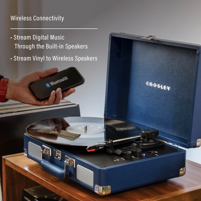 Alt view image 3 of 7 - CR8005F-IB Cruiser Plus Record Player, Ink Blue 3-Speed Turntable, Bluetooth In / Out, Built-in Stereo Speakers, Isolated Internal Speakers Minimize Vibration