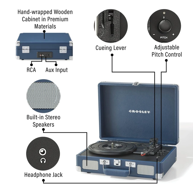 Alt view image 6 of 7 - CR8005F-IB Cruiser Plus Record Player, Ink Blue 3-Speed Turntable, Bluetooth In / Out, Built-in Stereo Speakers, Isolated Internal Speakers Minimize Vibration