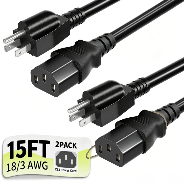 Main image of Universal 15ft 2 Pack Power Cord, 3-Prong Pure Copper ETL, Black 10 Amps 125 Volts NEMA 5-15P to C13 AC Cable for TV Monitor PC Printer PlayStation Samsung Dell HP Sony LG Apple Vizio Asus