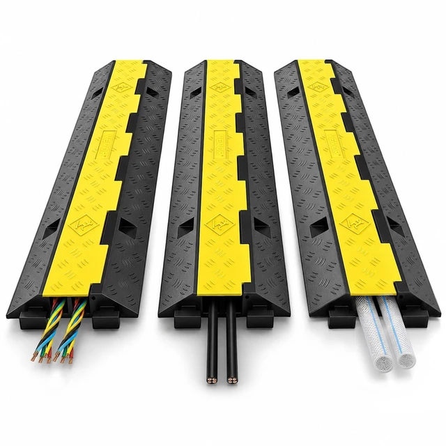 Main image of 3 Pack of 2 Channel 11000lbs per Axle Capacity Protective Wire Cord Ramp Driveway Rubber Traffic Speed Bumps Cable Protector