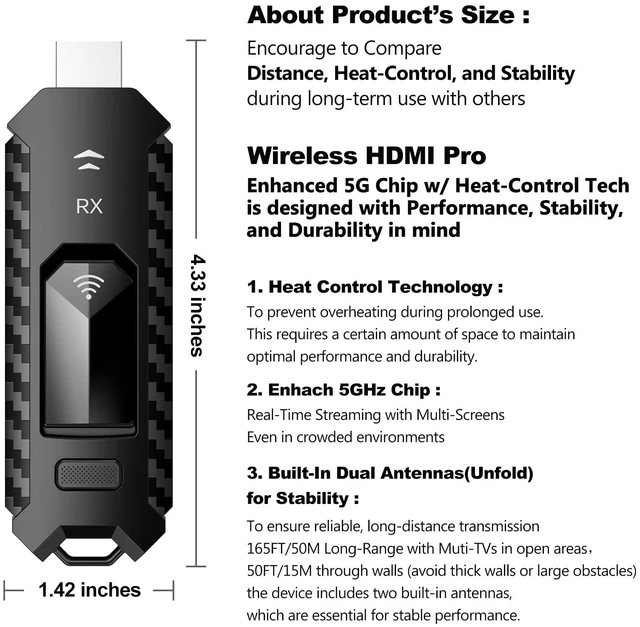 Alt view image 6 of 7 - Wireless HDMI PRO- Transmitter and Receiver, Portable Multi-TVs Extender Kit, Plug and Play, Heat-Control, 5.8G/2.4G @60Hz 165FT/50M, Wirelessly Stream Video/PPT from Laptop to Multiple HDTVs/Monitors
