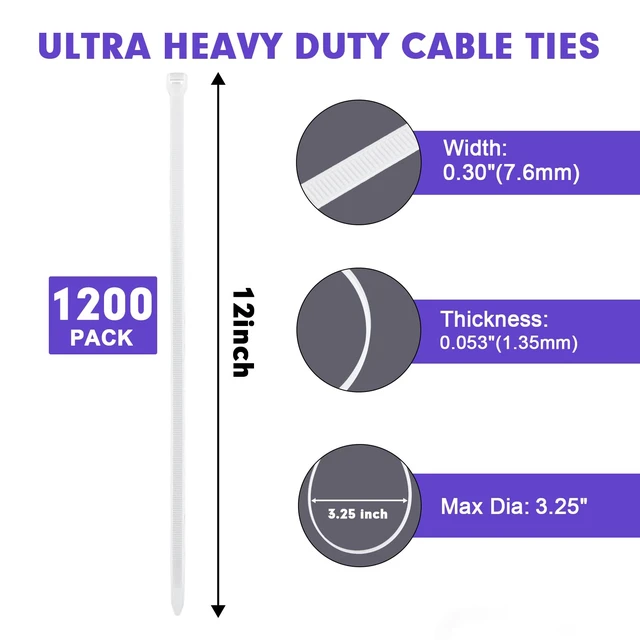 Alt view image 2 of 7 - Zip Ties, 1200pcs White Cable Zip Ties 12 Inch, Heavy Duty Plastic Wire Ties with 100lb Tensile Strength, Self-Locking White Nylon Tie Wraps for Indoor and Outdoor