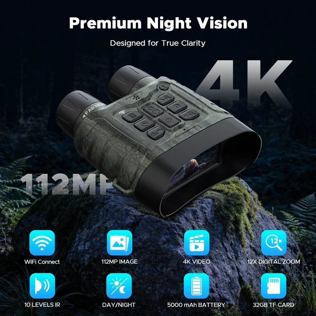 Alt view image 2 of 7 - 4K Night Vision Binoculars with WiFi, 112MP Infrared Night Vision Goggles 12X Zoom, 1500FT Night Vision, 32GB Card for Nature Viewing, Camping, Hiking and Gifts for Men, Dad and Teens