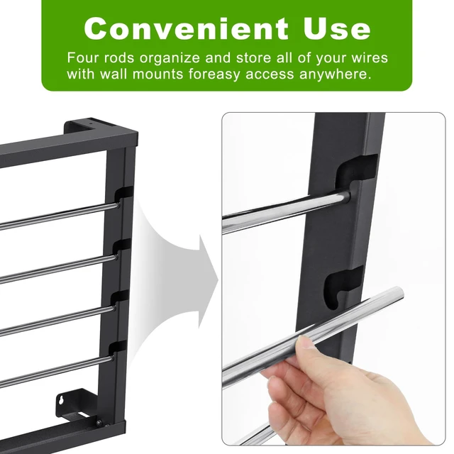 Alt view image 4 of 7 - Wall Mount Wire Spool Rack, Cable Dispenser with 4 Adjustable Rods Heavy Duty Steel Cable Reel Holder, Wire Rack for Industrial, Electrical, and Retail Storage and Display (Black)