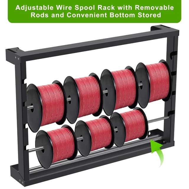 Alt view image 3 of 7 - Wall Mount Wire Spool Rack, Cable Dispenser with 4 Adjustable Rods Heavy Duty Steel Cable Reel Holder, Wire Rack for Industrial, Electrical, and Retail Storage and Display (Black)