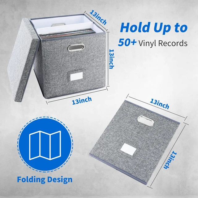 Alt view image 2 of 7 - Vinyl Record Storage Box Set of 2 - Album Storage Holds 100+ Single Records, Decorative LP Storage Organizer Crate with Lid, Sturdy Moving Boxes for Records