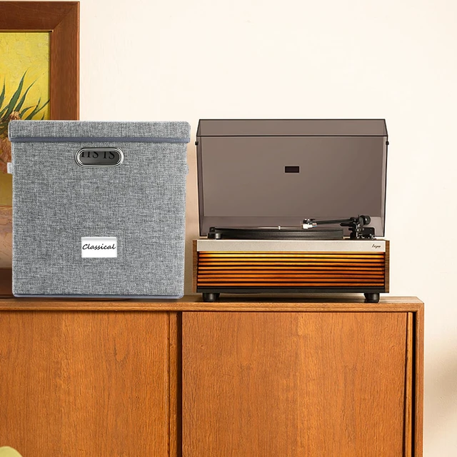 Alt view image 7 of 7 - Vinyl Record Storage Box Set of 2 - Album Storage Holds 100+ Single Records, Decorative LP Storage Organizer Crate with Lid, Sturdy Moving Boxes for Records