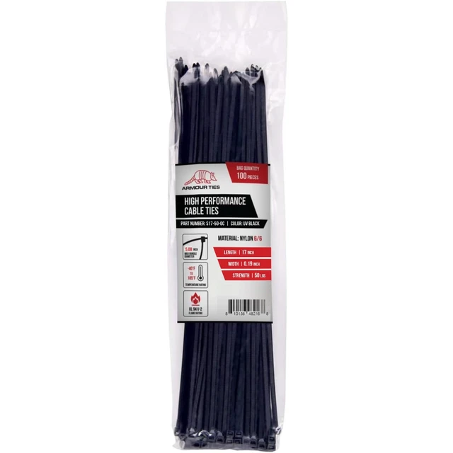 Alt view image 6 of 7 - 17 Inch Black Zip Ties, 50 lb Tensile Strength, 100-Pack UV Resistant Industrial-Strength Nylon, Indoor and Outdoor Cable & Wire Management, Multi-Purpose Cable Ties, Self-Locking
