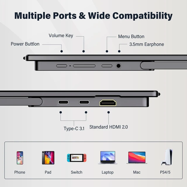 Alt view image 7 of 7 - 15.6-Inch Portable Monitor 1440p 120hz Monitor 100% sRBG 2K QHD, USB-C/HDMI, External Mmonitor for Laptop MacBook/Switch/PS5/Xbox (Adapter Not Included)