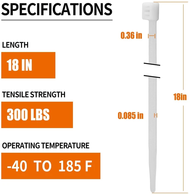Alt view image 2 of 7 - 18 Inch White Zip Ties Heavy Duty 100 Pack Long Cable Ties 300 LBS Extra Strong, UV Resistant Cable Ties, Clear Zip Ties, Weatherproof, Self-Locking for Indoor and Outdoor