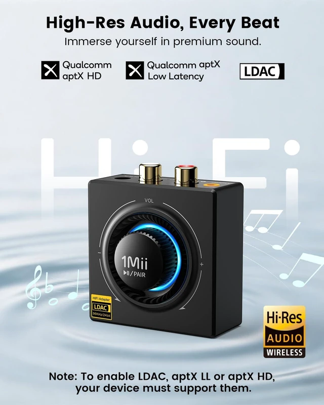 Alt view image 3 of 7 - B06T3+ LDAC Bluetooth Receiver for Home Stereo, Wired Speakers Hi-Res Wireless Audio Adapter with aptX HD & Low Latency, Knob Volume Control, RCA/3.5mm AUX for Music Streaming