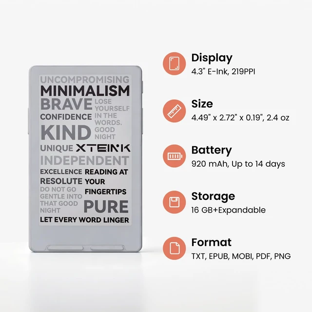 Alt view image 2 of 7 - X4 Classic Pocket eReader, Ultra-Light 68g & 4.9mm Thin,Reader Gifts Ultra Thin 0.19" design, 4.3" Eink Paper-feel,Dual Page Turn button+shake, Magnetic pogo-pin attach, Extended Battery Life