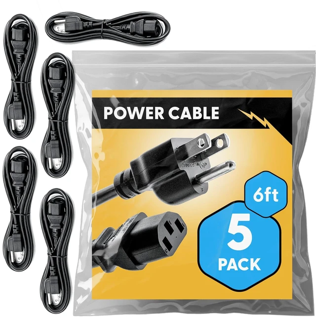 Main image of UL Approved 6ft Universal Power Cord (5 Pack) - IEC C13 to NEMA 5-15P Computer Monitor Cable for IT Departments, Data Centers & Bulk Purchasing - 18AWG 10A 125V