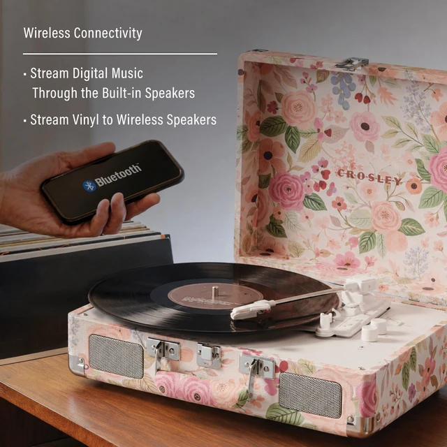 Alt view image 3 of 7 - CR8005F-PFG Cruiser Plus Record Player, Pink Flower Garden 3-Speed Turntable, Bluetooth In / Out, Built-in Stereo Speakers, Isolated Internal Speakers Minimize Vibration