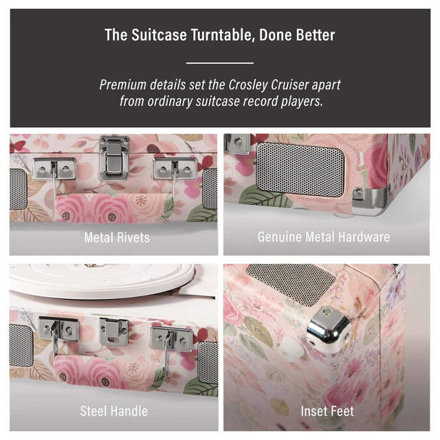 Alt view image 4 of 7 - CR8005F-PFG Cruiser Plus Record Player, Pink Flower Garden 3-Speed Turntable, Bluetooth In / Out, Built-in Stereo Speakers, Isolated Internal Speakers Minimize Vibration