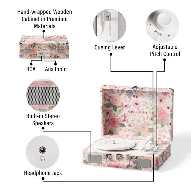 Alt view image 6 of 7 - CR8005F-PFG Cruiser Plus Record Player, Pink Flower Garden 3-Speed Turntable, Bluetooth In / Out, Built-in Stereo Speakers, Isolated Internal Speakers Minimize Vibration