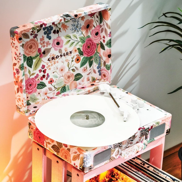 Alt view image 7 of 7 - CR8005F-PFG Cruiser Plus Record Player, Pink Flower Garden 3-Speed Turntable, Bluetooth In / Out, Built-in Stereo Speakers, Isolated Internal Speakers Minimize Vibration