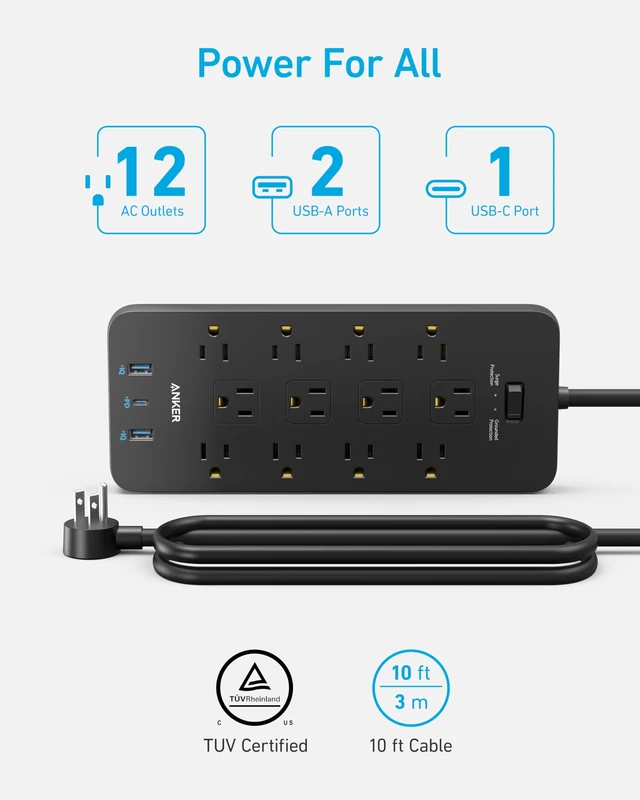 Alt view image 6 of 6 - Power Strip with 3 USB Ports, Surge Protector (2100J-10ft), 12 Outlets, 2 USB-A Ports and 1 USB-C Port, Works with iPhone 16/16 Plus/16 Pro/16 Pro Max, for Home, Office, TUV Listed (Pack of 2)