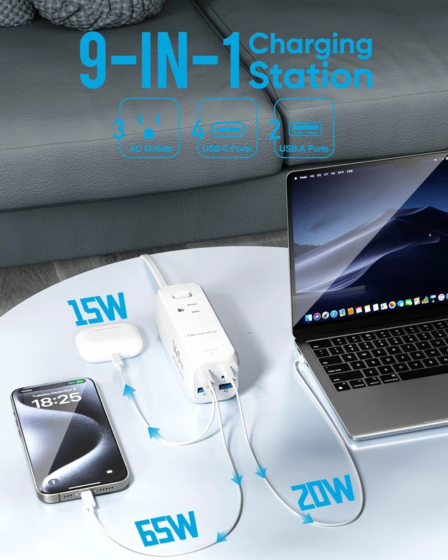 Alt view image 2 of 6 - USB Power Strip with 3 AC Outlets 6 USB Ports(4 USB C),5 FT 145W USB Power Strip, 3 Sided Outlet Extender for Home Office Travel Dorm Room Essentials, White