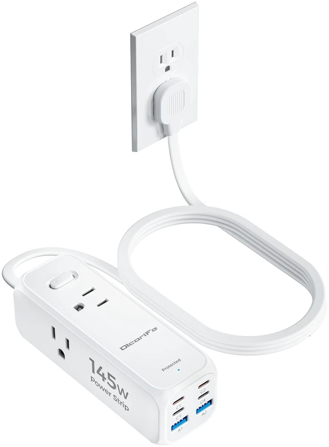 Main image of USB Power Strip with 3 AC Outlets 6 USB Ports(4 USB C),5 FT 145W USB Power Strip, 3 Sided Outlet Extender for Home Office Travel Dorm Room Essentials, White