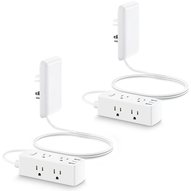 Main image of Flat Extension Cord with Outlet Cover, Flat Plug Power Strip with 6 Outlets and 3 USB Ports, 5 FT Cord Hidden Outlet Extender for Tight Spaces, Pack of 2