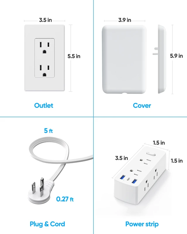 Alt view image 5 of 6 - Flat Extension Cord with Outlet Cover, Flat Plug Power Strip with 6 Outlets and 3 USB Ports, 10 FT Cord Hidden Outlet Extender for Tight Spaces