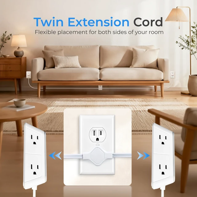 Alt view image 2 of 7 - Twin Extension Cord Splitter 12 Ft, Dual 10-in-1 Power Strip Flat Plug Power Strip 12 AC Outlets, 4 USB-A & 4 USB-C, 15A 1875W, 1050J Surge Protector, ETL Listed