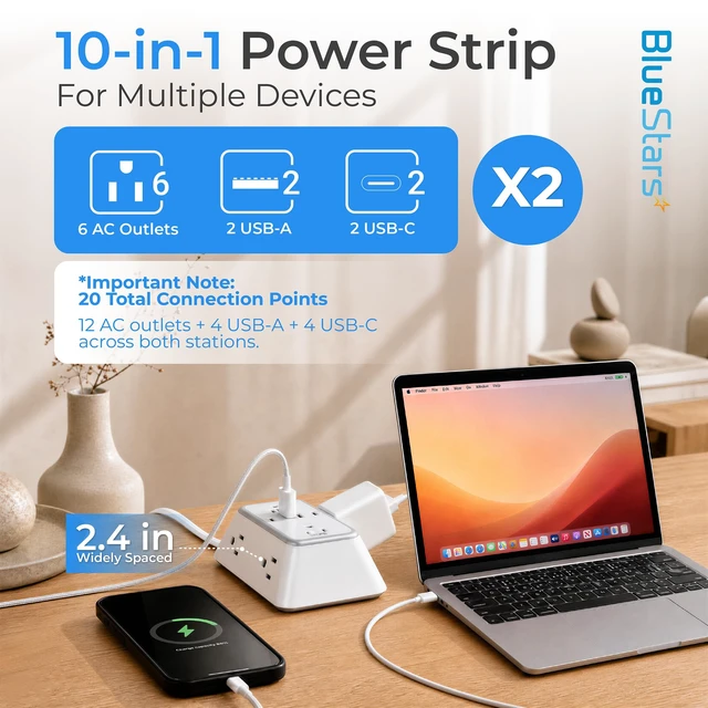 Alt view image 4 of 7 - Twin Extension Cord Splitter 12 Ft, Dual 10-in-1 Power Strip Flat Plug Power Strip 12 AC Outlets, 4 USB-A & 4 USB-C, 15A 1875W, 1050J Surge Protector, ETL Listed