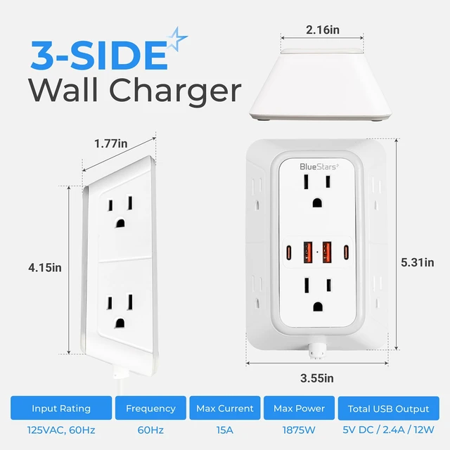 Alt view image 5 of 7 - Twin Extension Cord Splitter 12 Ft, Dual 10-in-1 Power Strip Flat Plug Power Strip 12 AC Outlets, 4 USB-A & 4 USB-C, 15A 1875W, 1050J Surge Protector, ETL Listed