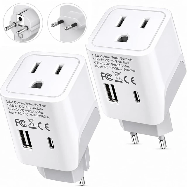 Main image of European Plug Adapters Combo - Type C, E/F - USB-A + USB-C European Adapters for Travel, Type C & E/F, Grounded Schuko Adapter for France, Germany, Spain And More