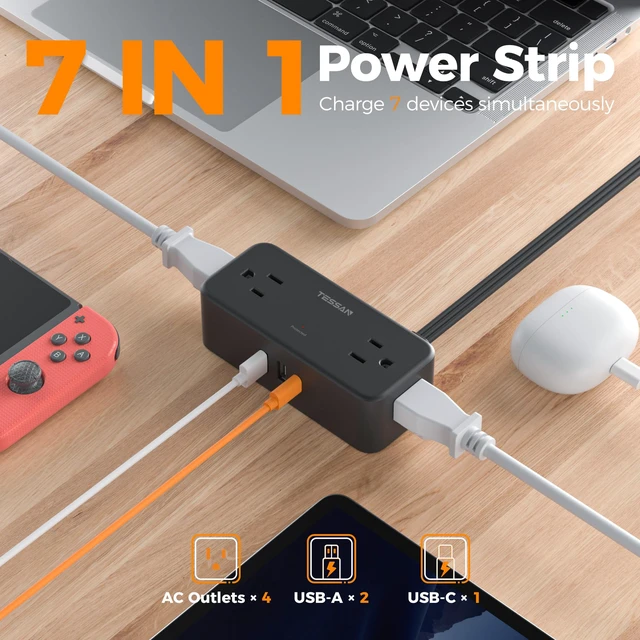 Alt view image 2 of 7 - Extension Cord 5 FT, Power Strip with 900J Surge Protection, Black 4 AC Outlets 1 USB C and 2 USB A Ports, Flat Plug, Multiple Wall Outlet Extender Suitable for Office Dorm