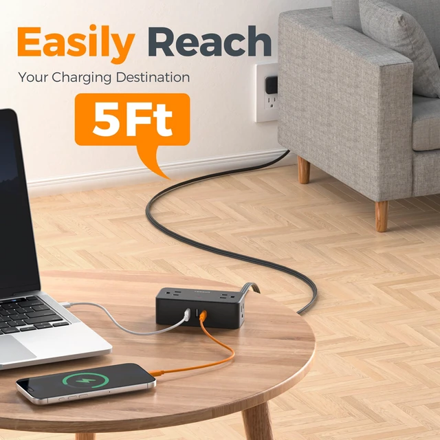 Alt view image 5 of 7 - Extension Cord 5 FT, Power Strip with 900J Surge Protection, Black 4 AC Outlets 1 USB C and 2 USB A Ports, Flat Plug, Multiple Wall Outlet Extender Suitable for Office Dorm