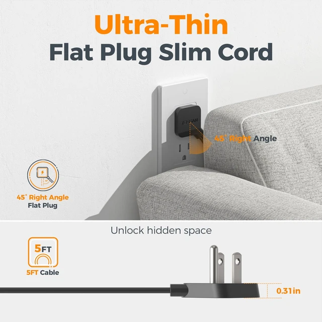 Alt view image 6 of 7 - Extension Cord 5 FT, Power Strip with 900J Surge Protection, Black 4 AC Outlets 1 USB C and 2 USB A Ports, Flat Plug, Multiple Wall Outlet Extender Suitable for Office Dorm