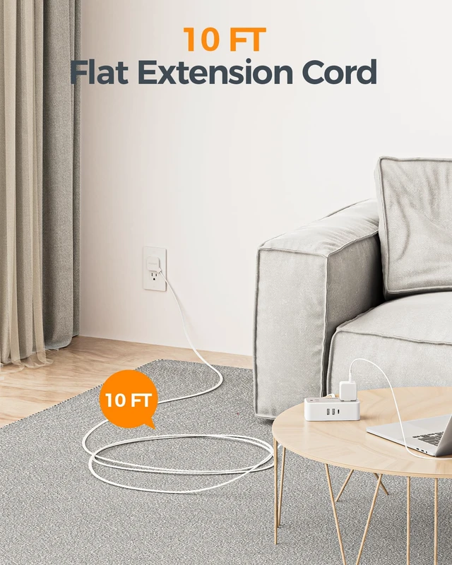 Alt view image 4 of 7 - Extension Cord 10 FT, Power Strip with 900J Surge Protection, Grey 4 AC Outlets 1 USB C and 2 USB A Ports, Flat Plug, Multiple Wall Outlet Extender Suitable for Office Dorm