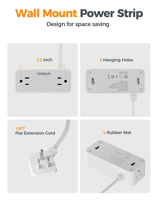 Alt view image 6 of 7 - Extension Cord 10 FT, Power Strip with 900J Surge Protection, Grey 4 AC Outlets 1 USB C and 2 USB A Ports, Flat Plug, Multiple Wall Outlet Extender Suitable for Office Dorm
