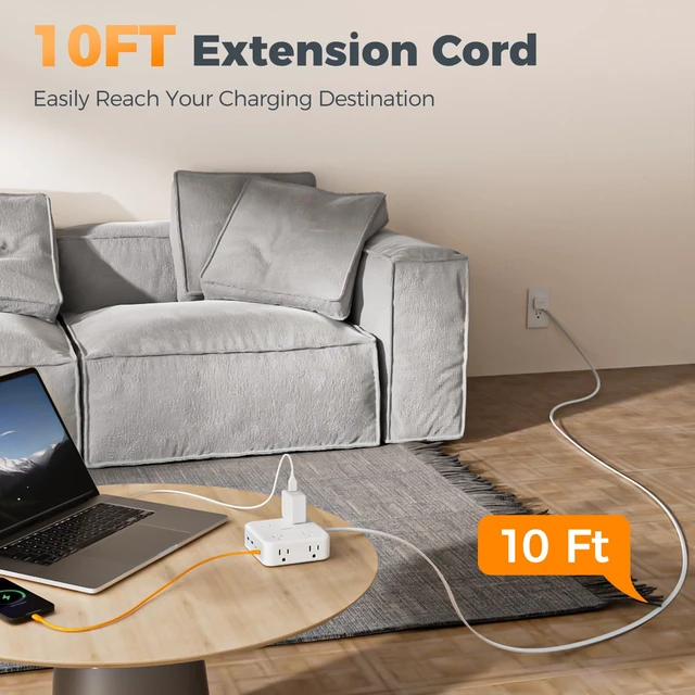 Alt view image 7 of 7 - Dual Surge Protector Power Strip, 10 Ft Extension Cord Flat Plug 4 USB (2 USB C) 8 Outlets, 2100J Surge Protection, 20W Multiple Charging Station for Home, Office, Dorm Room, Grey