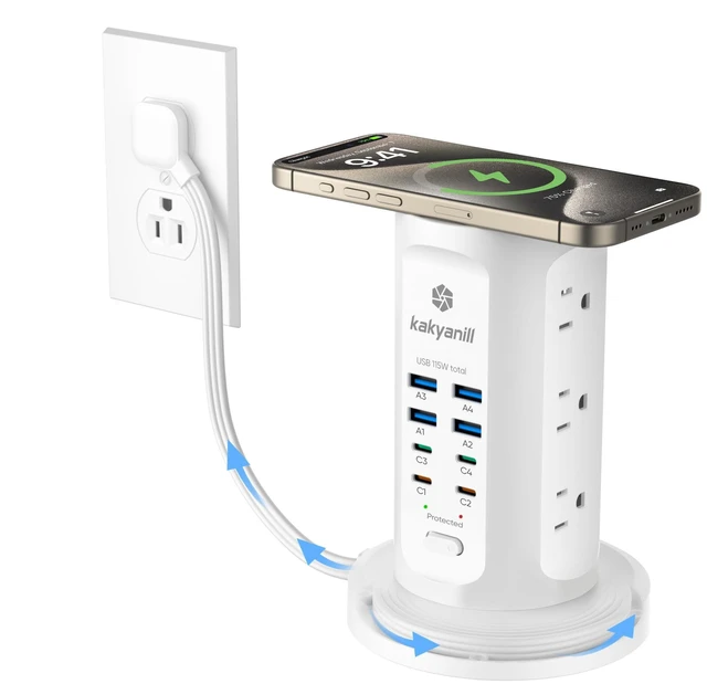 Main image of Power Strip Tower, PD 65W Charging Station 9 AC Outlets 8 USB 6 Ft Retractable Extension Cord, 15W Wireless Charger, White
