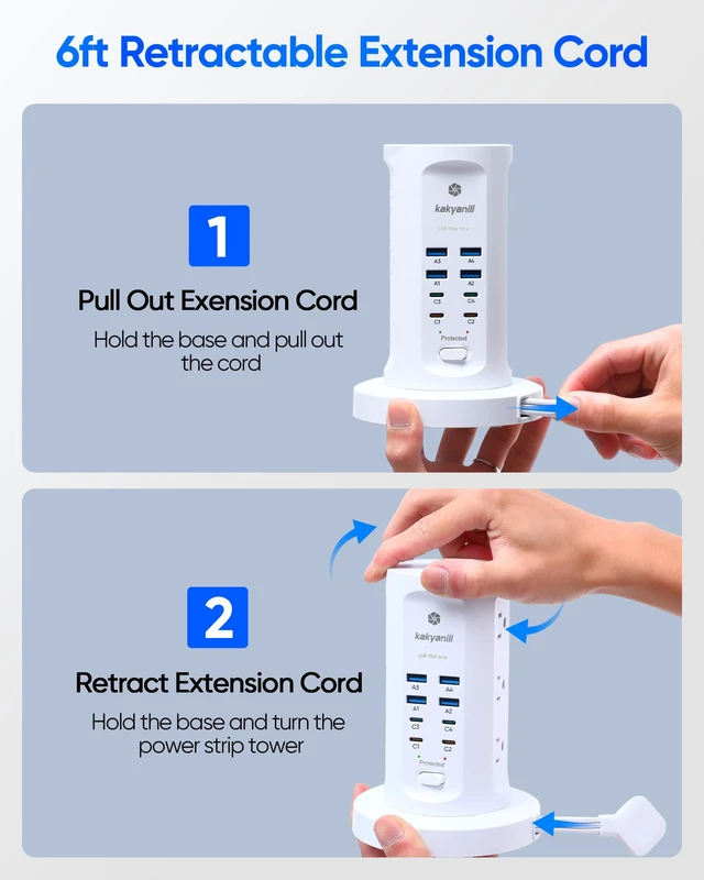 Alt view image 2 of 6 - Power Strip Tower, PD 65W Charging Station 9 AC Outlets 8 USB 6 Ft Retractable Extension Cord, 15W Wireless Charger, White
