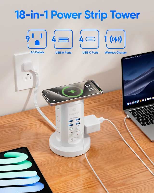 Alt view image 3 of 6 - Power Strip Tower, PD 65W Charging Station 9 AC Outlets 8 USB 6 Ft Retractable Extension Cord, 15W Wireless Charger, White