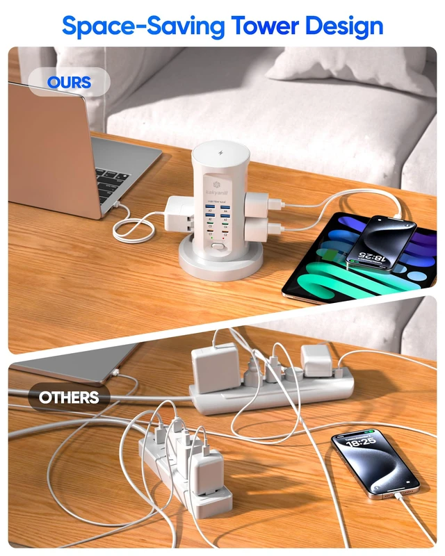 Alt view image 4 of 6 - Power Strip Tower, PD 65W Charging Station 9 AC Outlets 8 USB 6 Ft Retractable Extension Cord, 15W Wireless Charger, White