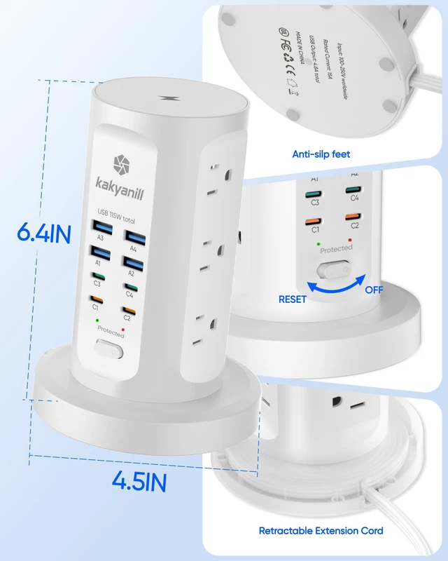 Alt view image 6 of 6 - Power Strip Tower, PD 65W Charging Station 9 AC Outlets 8 USB 6 Ft Retractable Extension Cord, 15W Wireless Charger, White